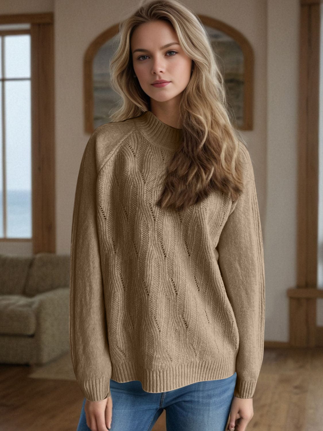 Mock Neck Long Sleeve Sweater - Trendsi