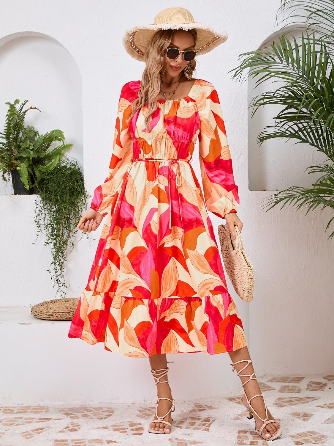 Printed Long Sleeve Midi Dress - Trendsi