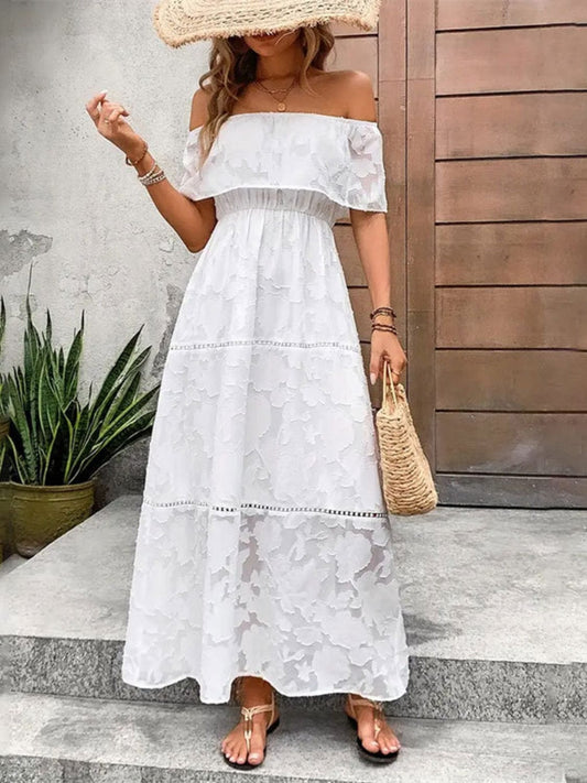 Off-Shoulder Short Sleeve Maxi Dress - Trendsi