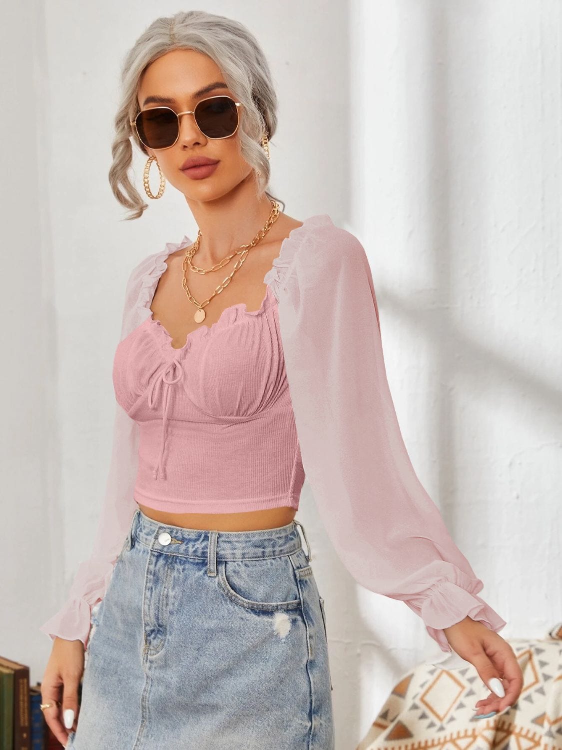 Mesh Sweetheart Neck Flounce Sleeve Top - Trendsi