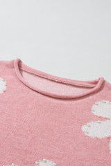 Pearl Trim Flower Round Neck Sweater - Trendsi