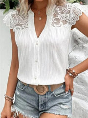 Lace Detail Notched Cap Sleeve Blouse - Flyclothing LLC