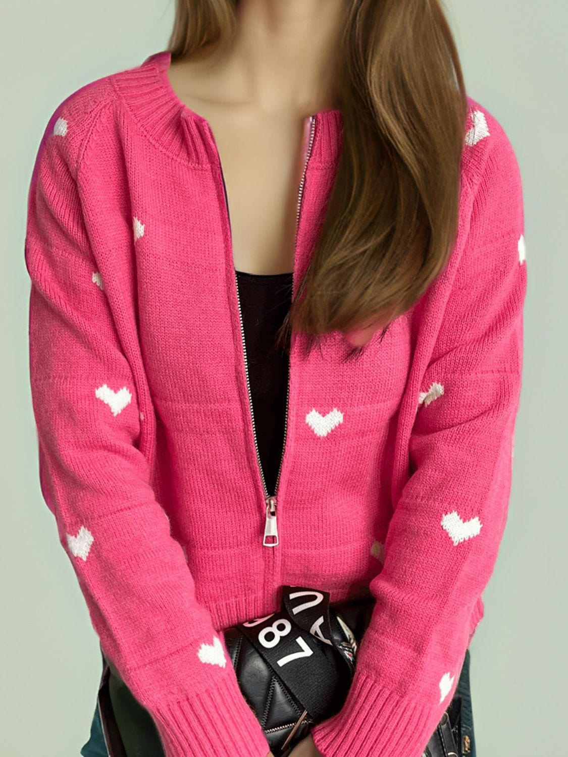 Heart Round Neck Zip Up Cardigan - Trendsi