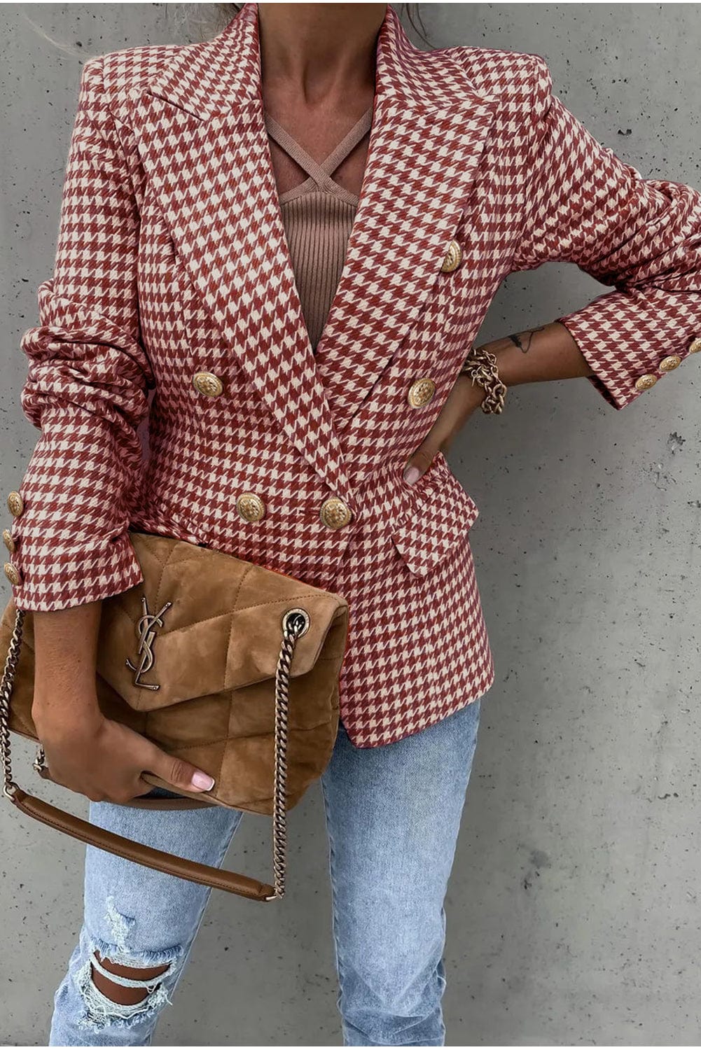 Houndstooth Collared Neck Double-Breasted Blazer - Trendsi