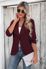 One Button Collared Neck Ruched Sleeve Blazer - Trendsi