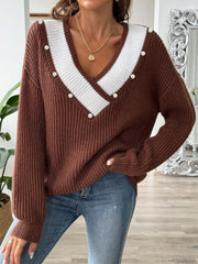 Contrast Trim Dropped Shoulder Long Sleeve Sweater - Trendsi