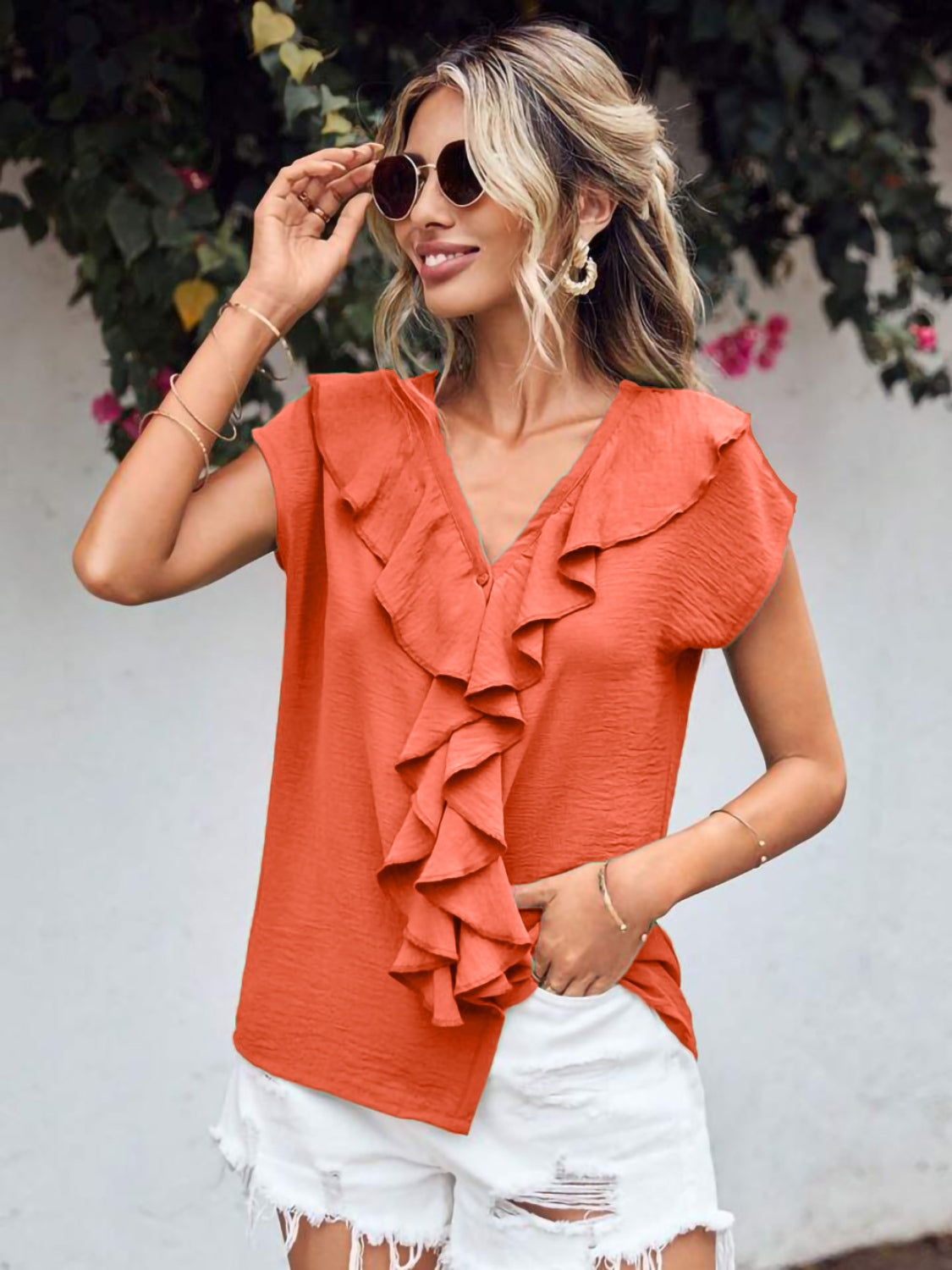 Ruffled V-Neck Short Sleeve Blouse Trendsi