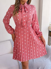 Polka Dot Tie Neck Pleated Dress - Flyclothing LLC