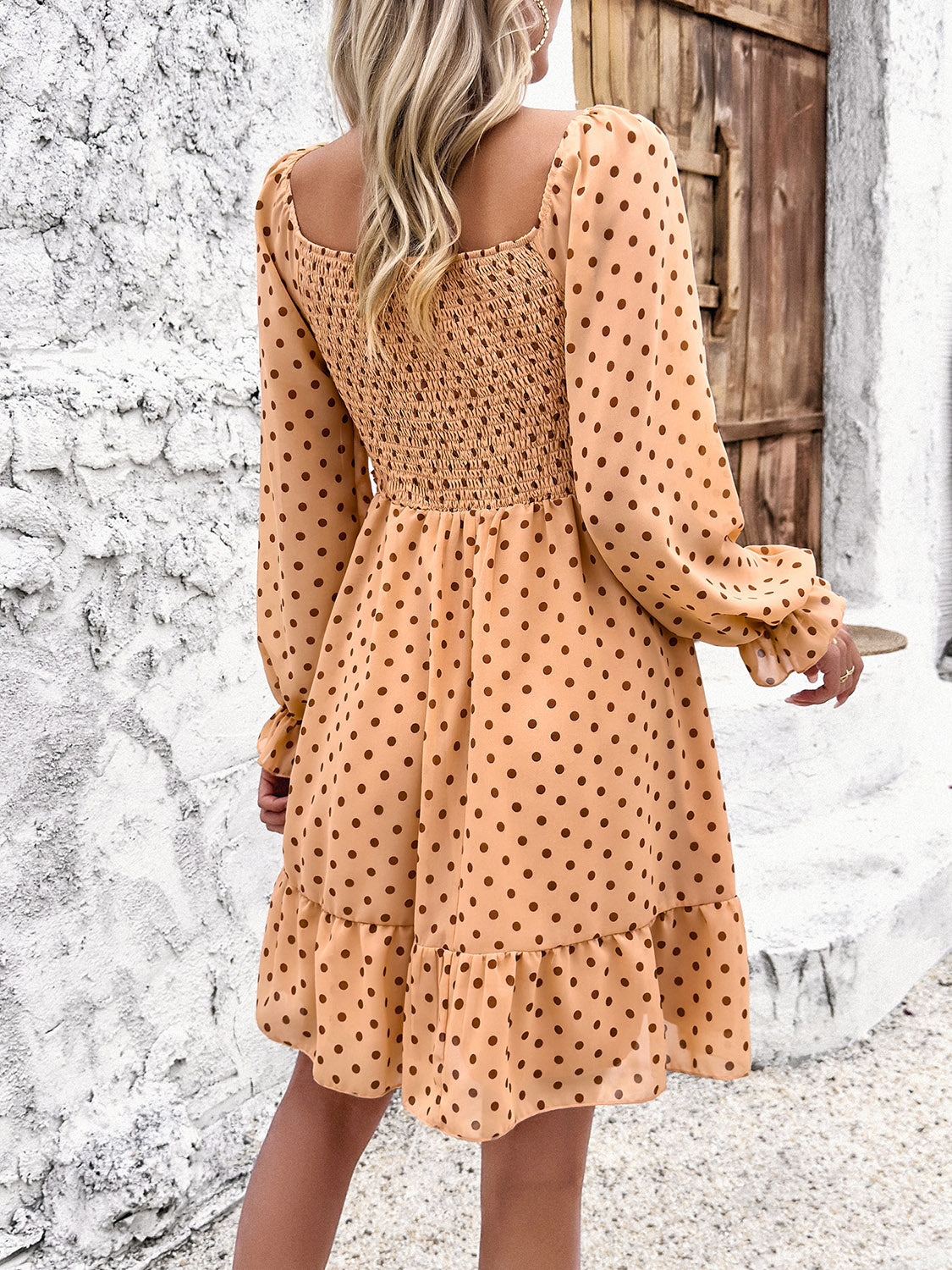 Smocked Polka Dot Long Sleeve Dress - Flyclothing LLC