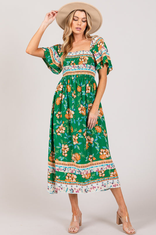 SAGE + FIG Printed Smocked Short Sleeve Midi Dress Trendsi