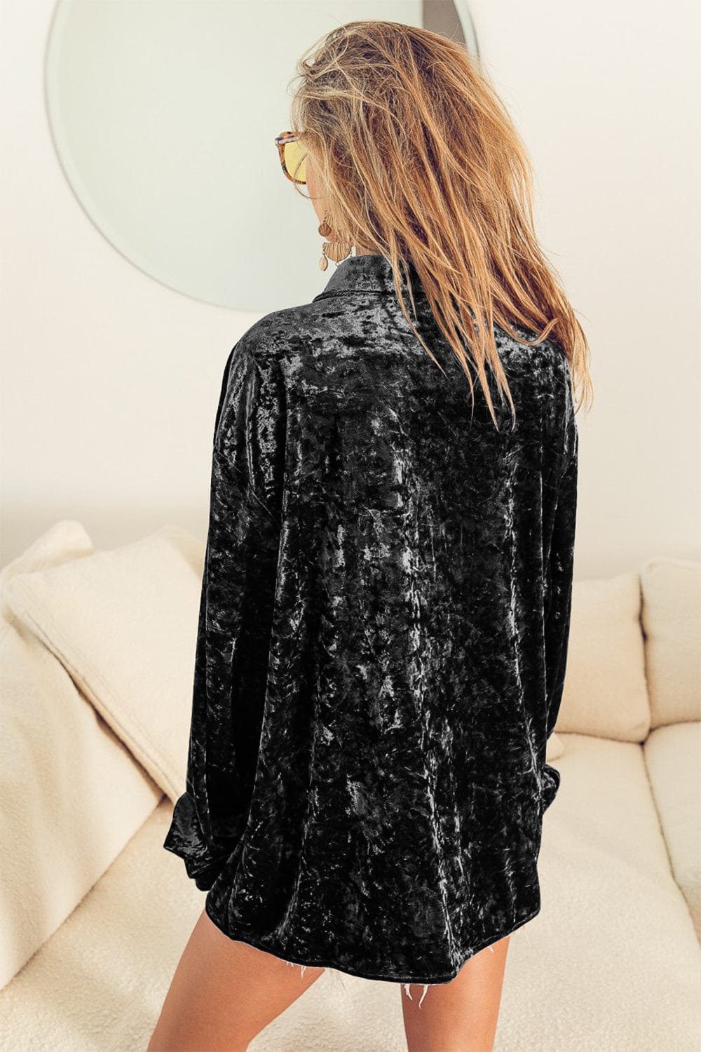 BiBi Button Up Long Sleeve Velvet Shirt - Trendsi