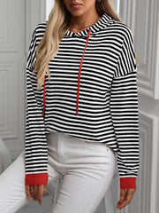 Mandy Striped Long Sleeve Hooded Knit Top - Trendsi