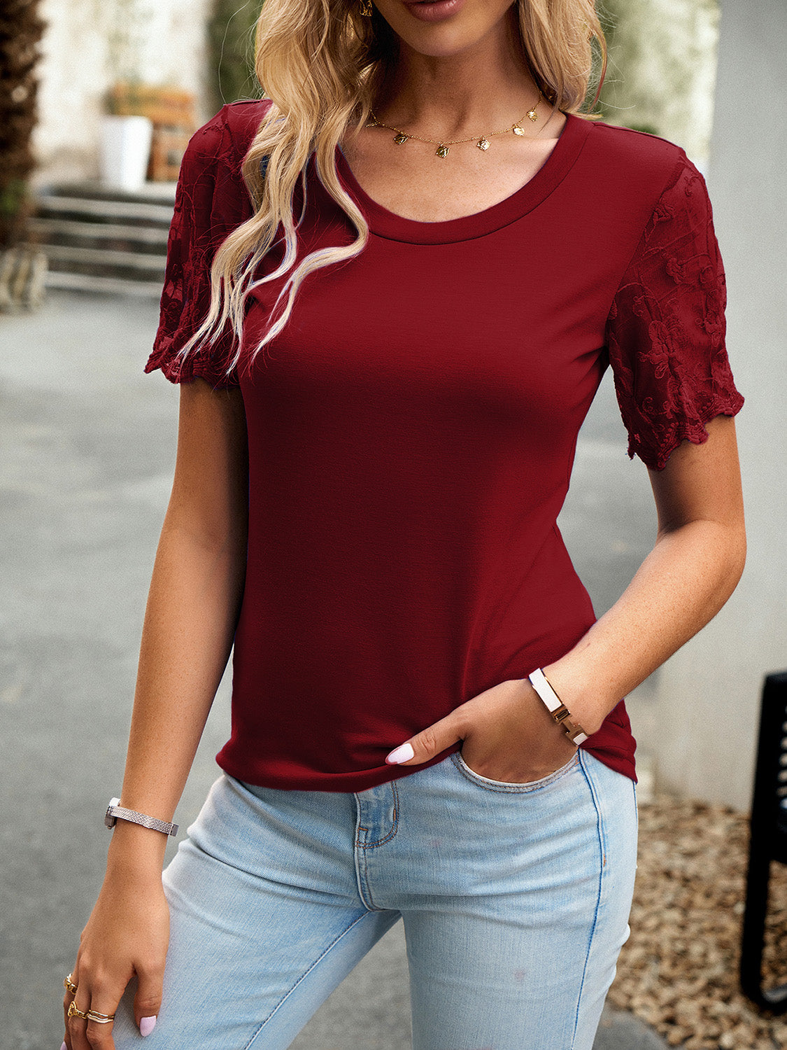 Lace Detail Round Neck Short Sleeve T-Shirt Trendsi