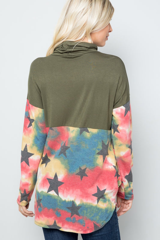 Celeste Full Size Tie-Dye Star Print Long Sleeve Blouse - Trendsi