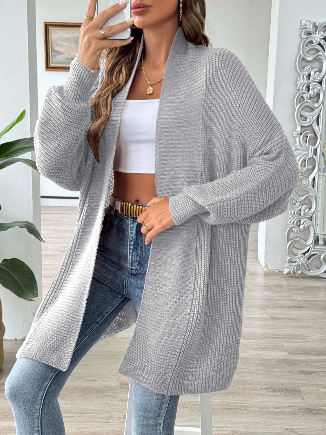 Open Front Long Sleeve Cardigan - Trendsi