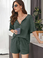 Full Size Waffle-Knit Dropped Shoulder Top and Shorts Set - Trendsi