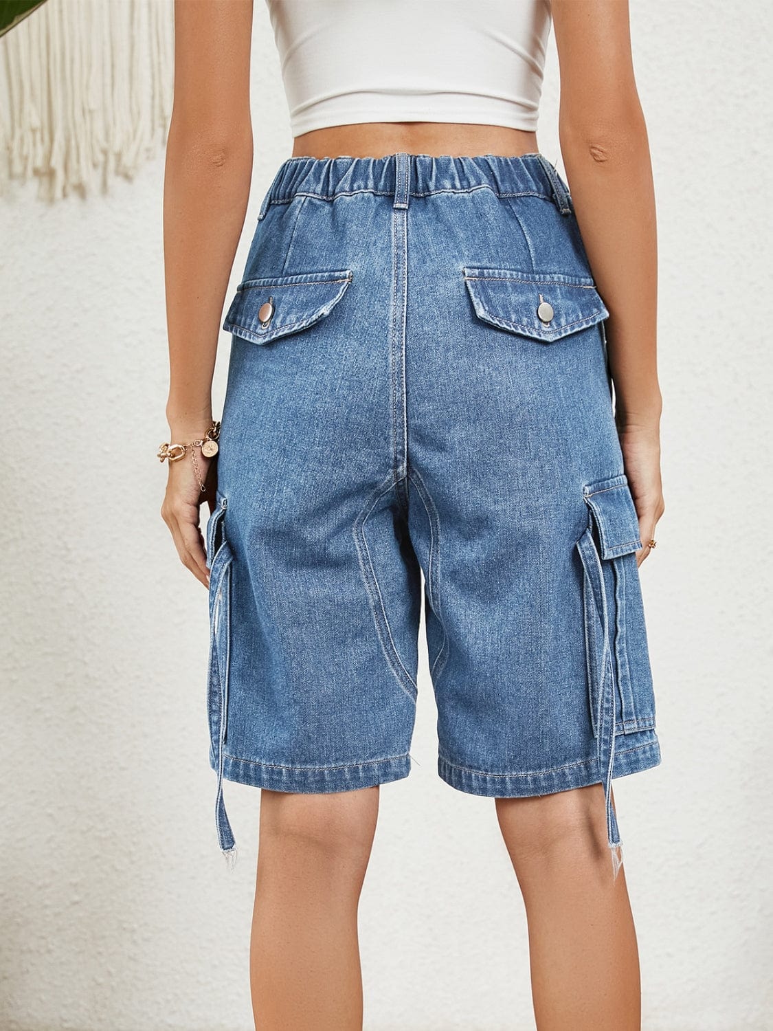 Buttoned Elastic Waist Denim Shorts with Pockets - Trendsi