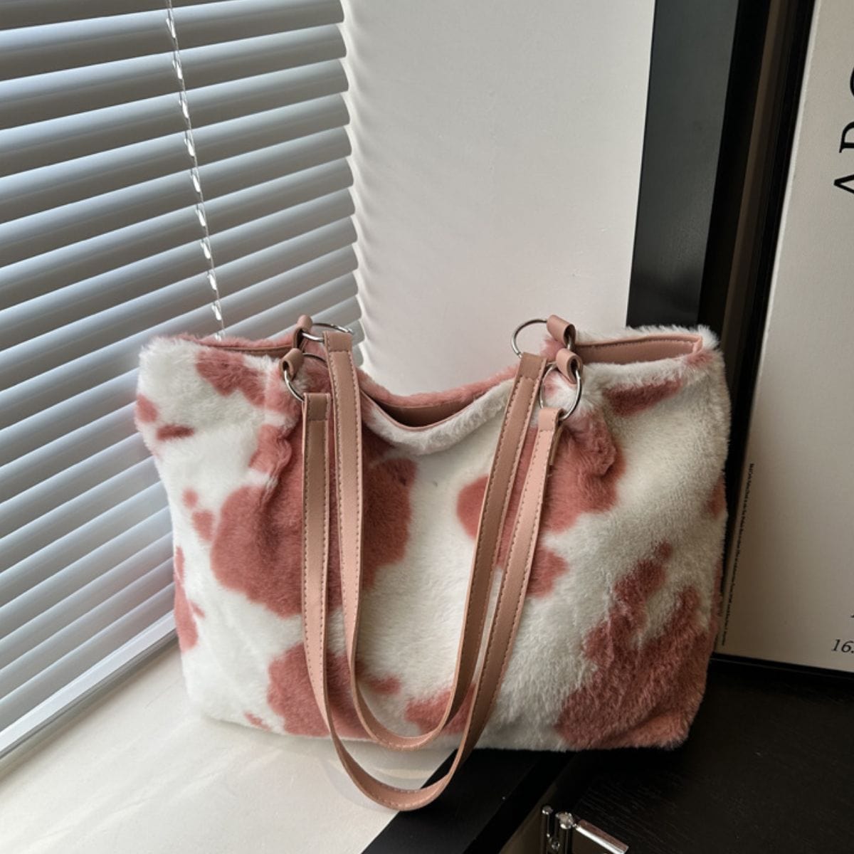 Cow Print Furry Tote Bag - Trendsi