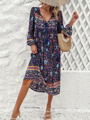 Tassel Tied Printed Long Sleeve Dress - Flyclothing LLC