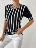 Striped Round Neck Half Sleeve Knit Top - Flyclothing LLC