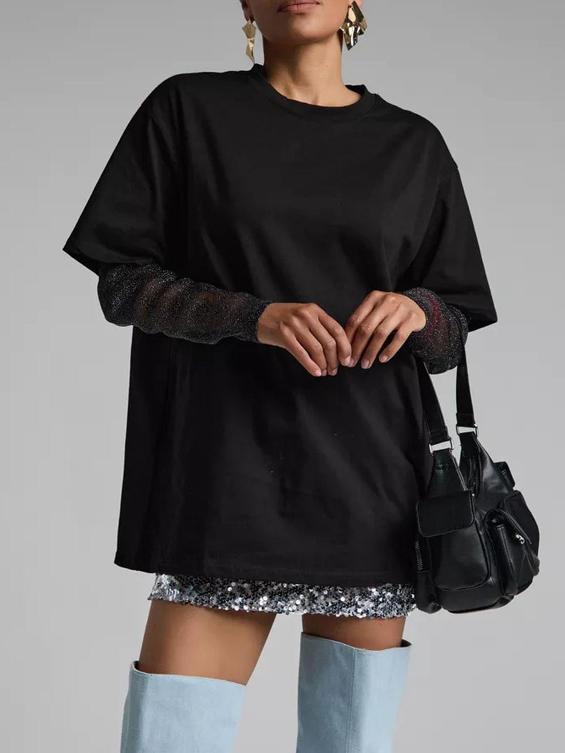 Faux Layered Round Neck Mesh Sleeve Top - Trendsi