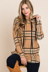 BOMBOM Drawstring Plaid Long Sleeve Hoodie - Trendsi