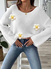 Flower Round Neck Long Sleeve Sweater - Trendsi