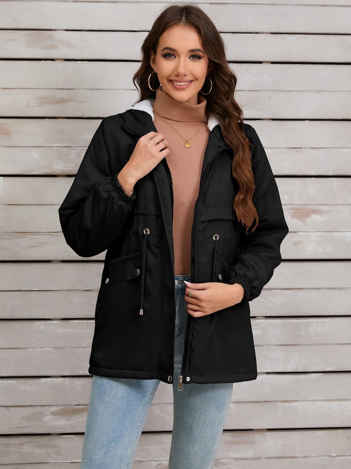 Drawstring Long Sleeve Hooded Jacket - Trendsi