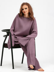 Basic Bae Slit Round Neck Long Sleeve Top and Drawstring Pants Sweater Set - Trendsi