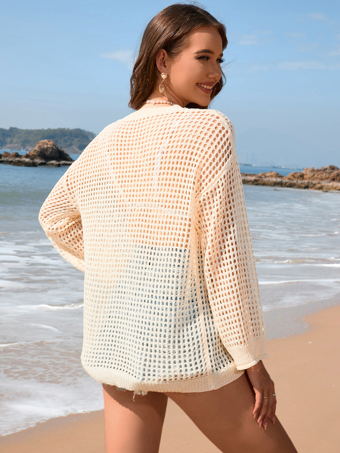 Openwork Dropped Shoulder Long Sleeve Cover-Up - Flyclothing LLC