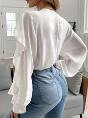 Full Size Ruffled V-Neck Button Down Flounce Sleeve Blouse - Trendsi