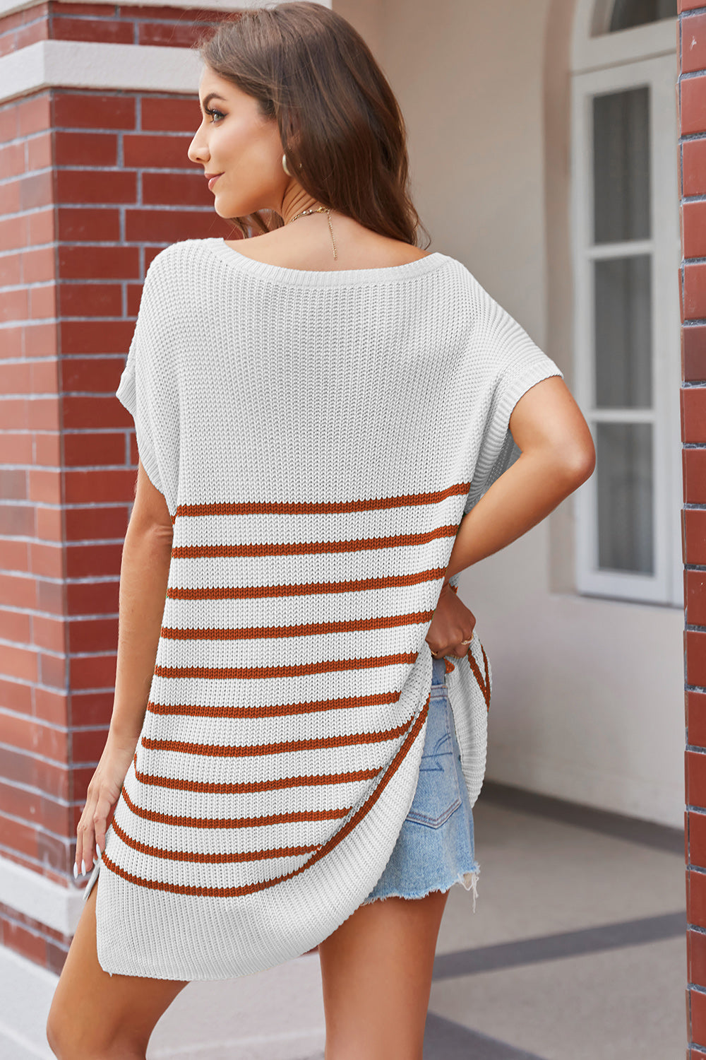 Striped V-Neck Short Sleeve Knit Top - Flyclothing LLC