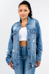 American Bazi Full Size Button Up Distressed Denim Jacket - Trendsi