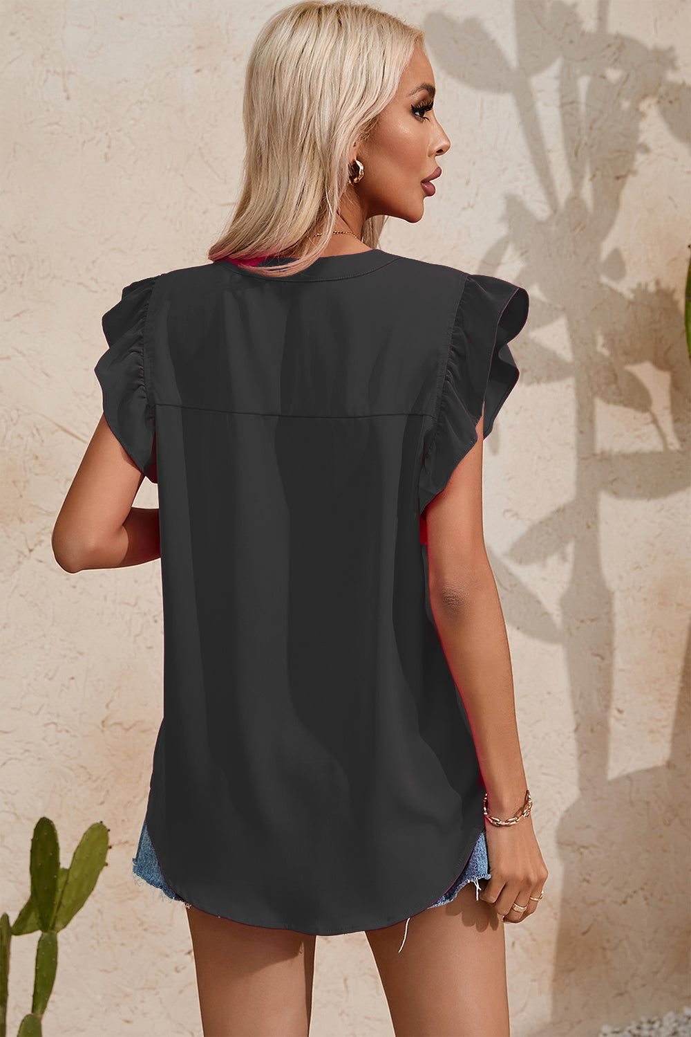 Ruffled Notched Cap Sleeve Blouse - Flyclothing LLC