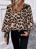 Leopard V-Neck Lantern Sleeve Blouse - Trendsi