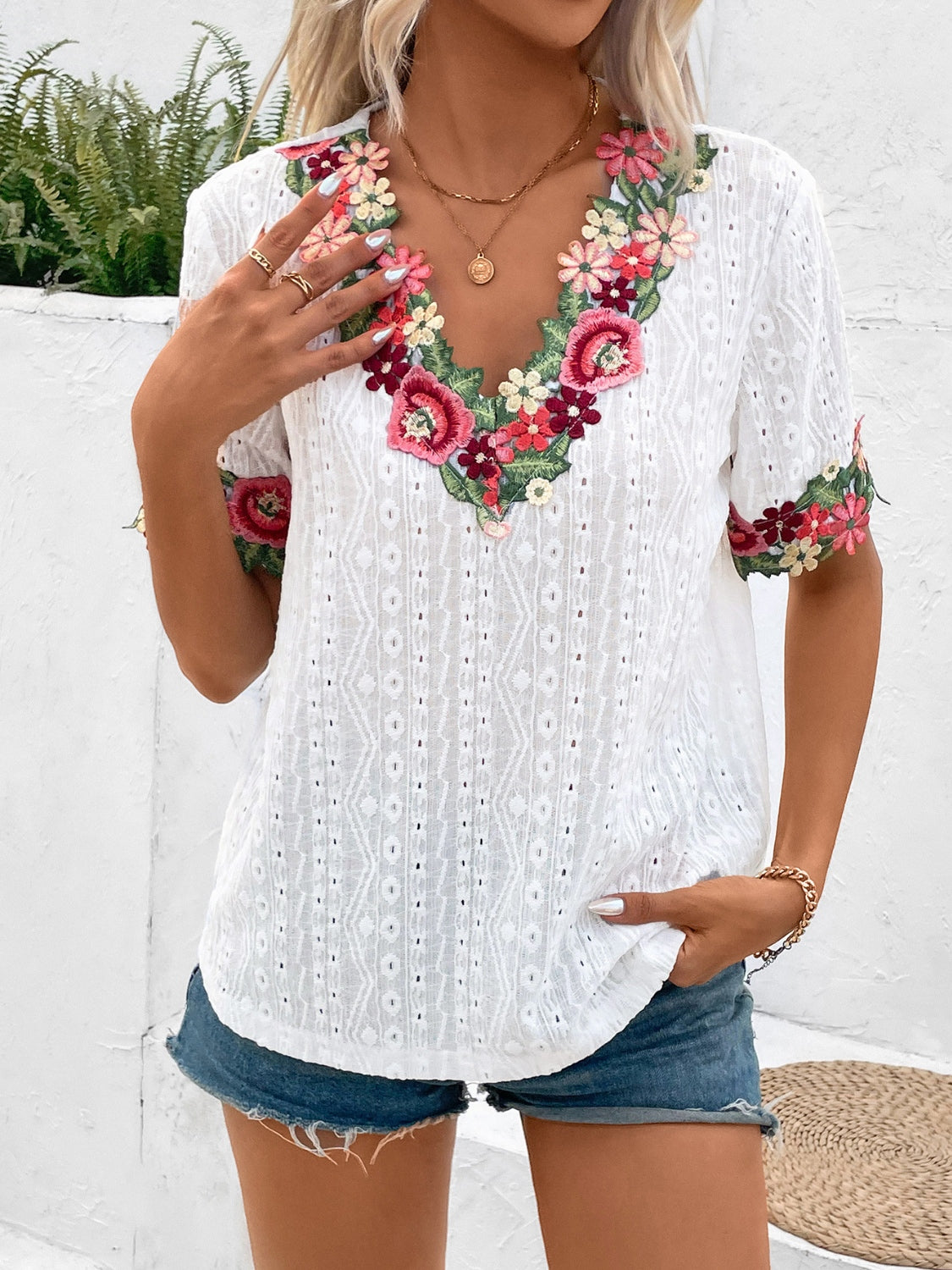 Eyelet Embroidered V-Neck Short Sleeve Blouse Trendsi