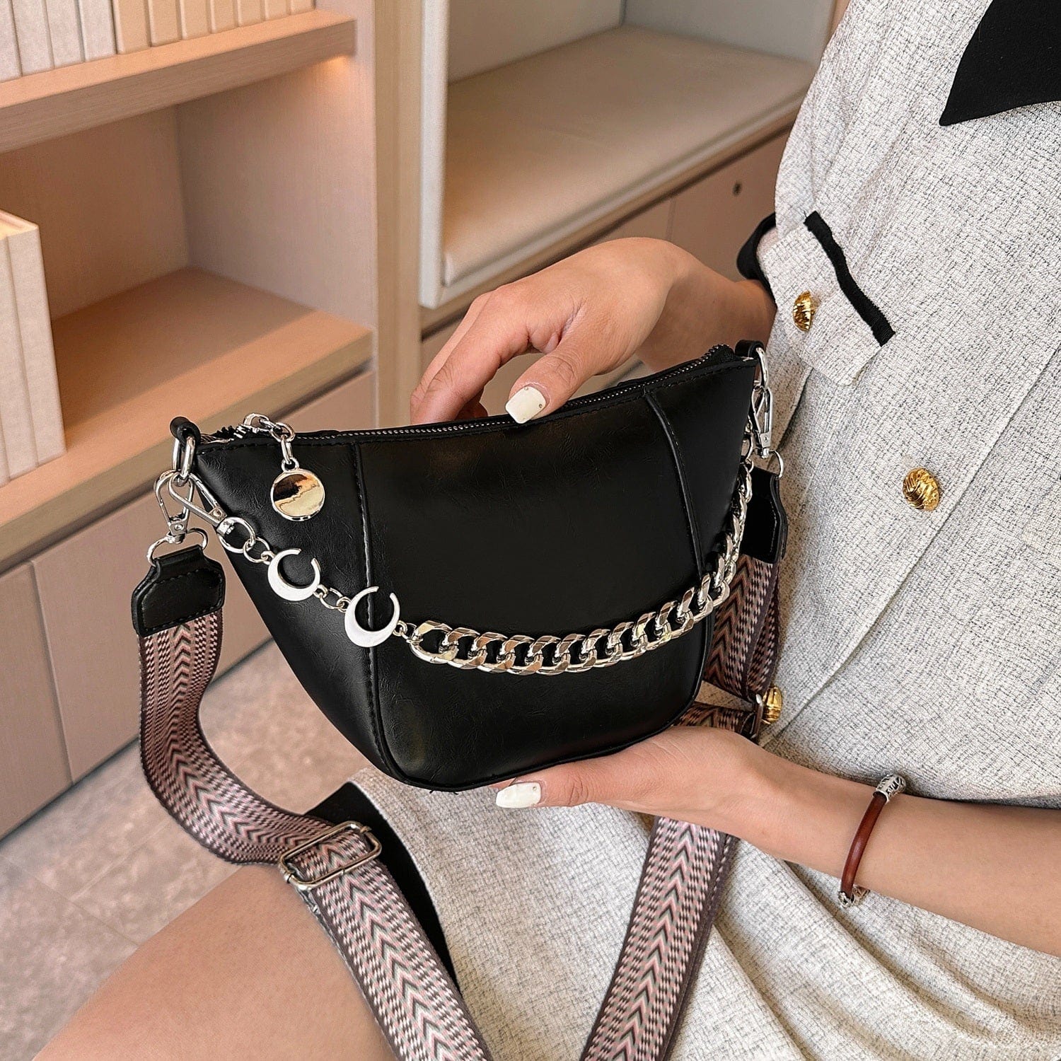 PU Leather Chain Trim Crossbody Bag - Trendsi