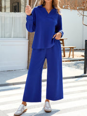 Johnny Collar Long Sleeve Top and Wide Leg Pants Set - Trendsi