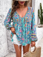 Printed Tie Neck Long Sleeve Blouse - Flyclothing LLC