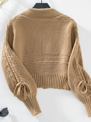 Cable-Knit Tied Open Front Lantern Sleeve Cardigan - Trendsi