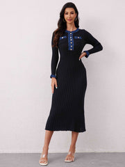 Contrast Trim Round Neck Long Sleeve Sweater Dress - Trendsi