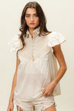 BiBi Half Button Collared Neck Short Sleeve Top Trendsi