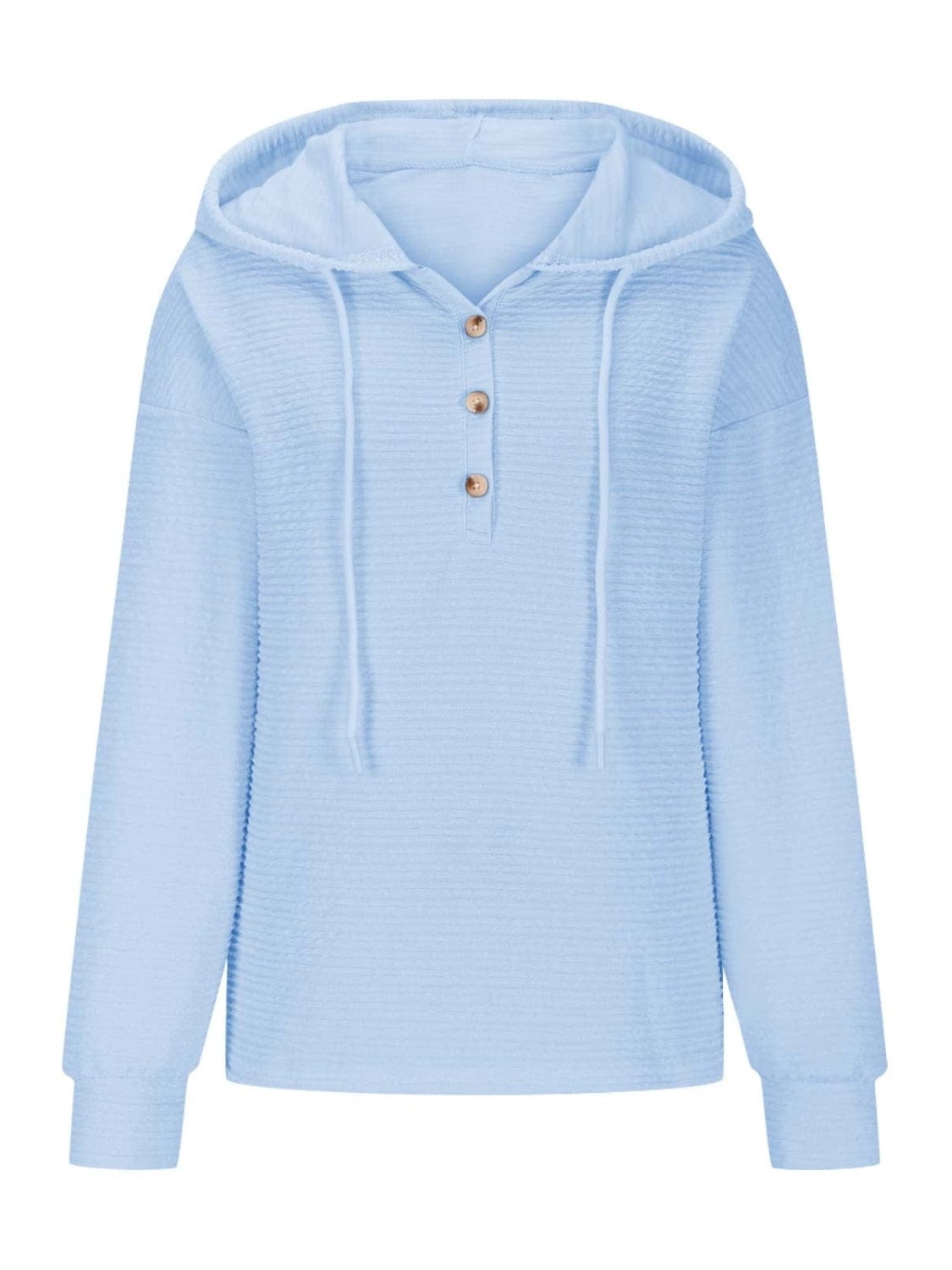 Drawstring Quarter Button Long Sleeve Hoodie - Trendsi