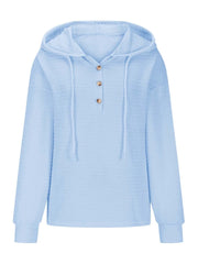 Drawstring Quarter Button Long Sleeve Hoodie - Trendsi