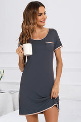 Contrast Trim Pocketed Round Neck Lounge Dress - Flyclothing LLC