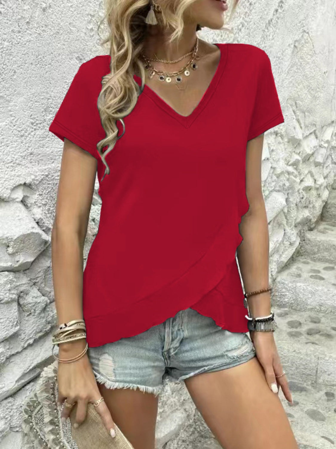 V-Neck Short Sleeve Blouse - Flyclothing LLC