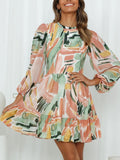 Printed Mock Neck Balloon Sleeve Mini Dress - Flyclothing LLC