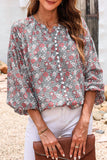 Printed Notched Balloon Sleeve Blouse - Flyclothing LLC