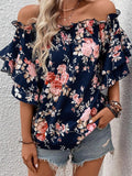 Printed Off-Shoulder Flounce Sleeve Blouse - Flyclothing LLC