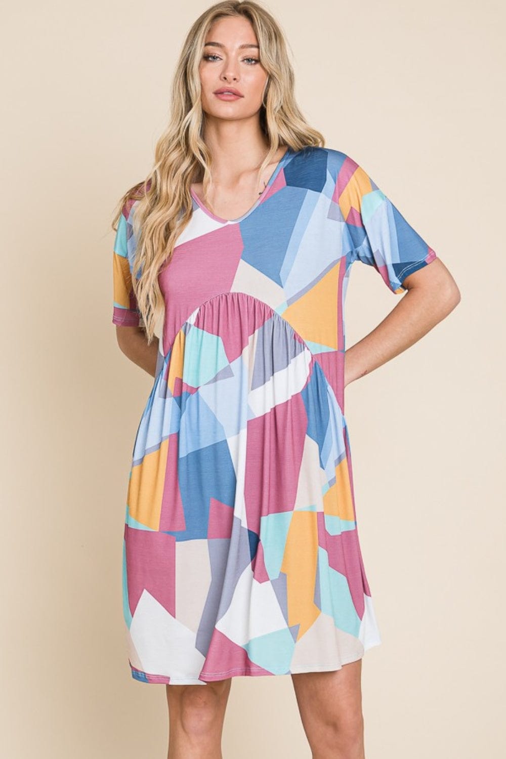 BOMBOM Ruched Color Block Short Sleeve Dress - Trendsi